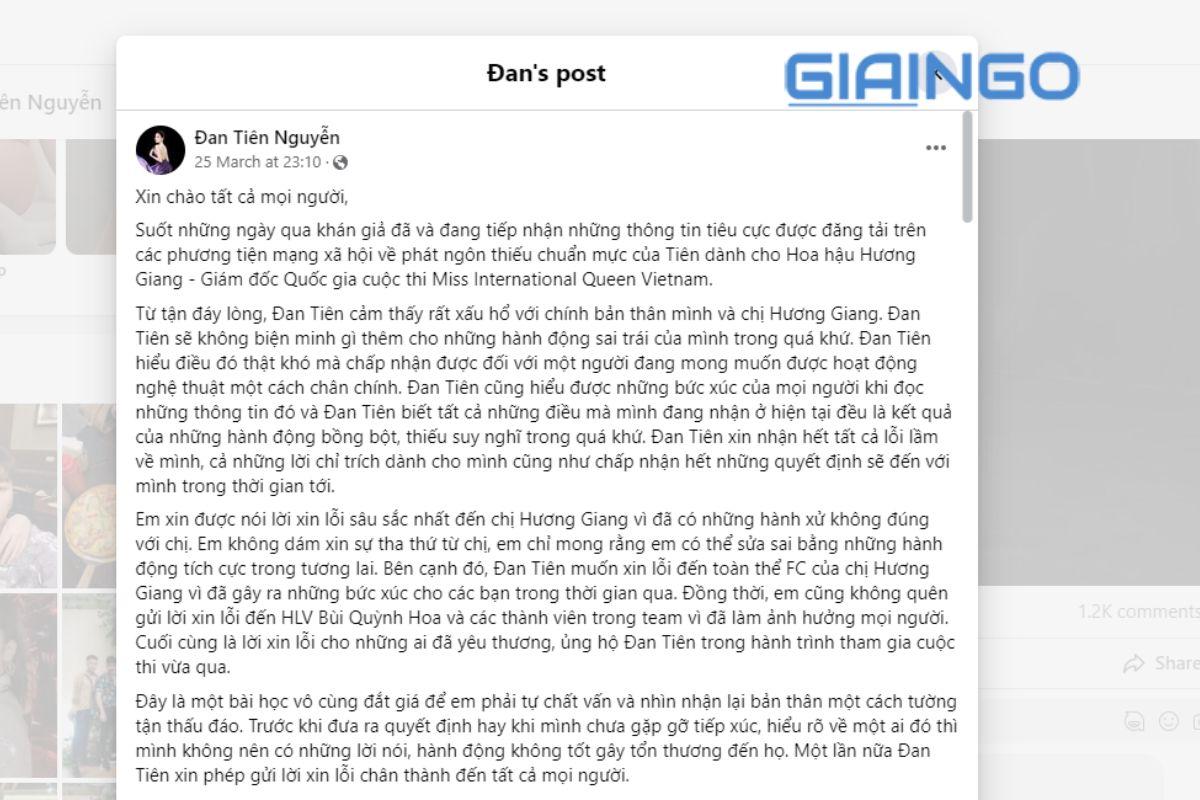 Nguyễn Đan Tiên xin lỗi hoa hậu Hương Giang