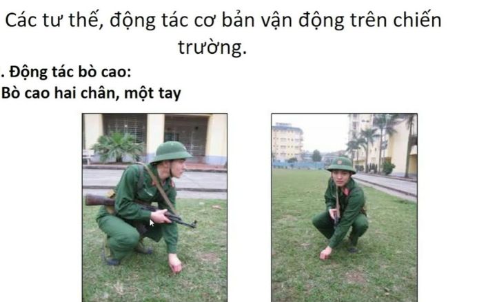 Khi thực hiện động tác bò cao hai chân một tay thì súng đặt ở đâu