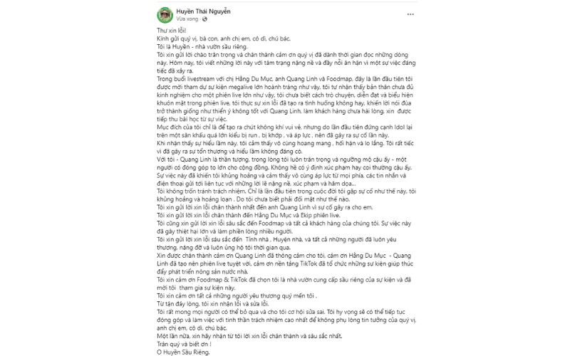 O Huyền Sầu Riêng xin lỗi Quang Linh Vlogs